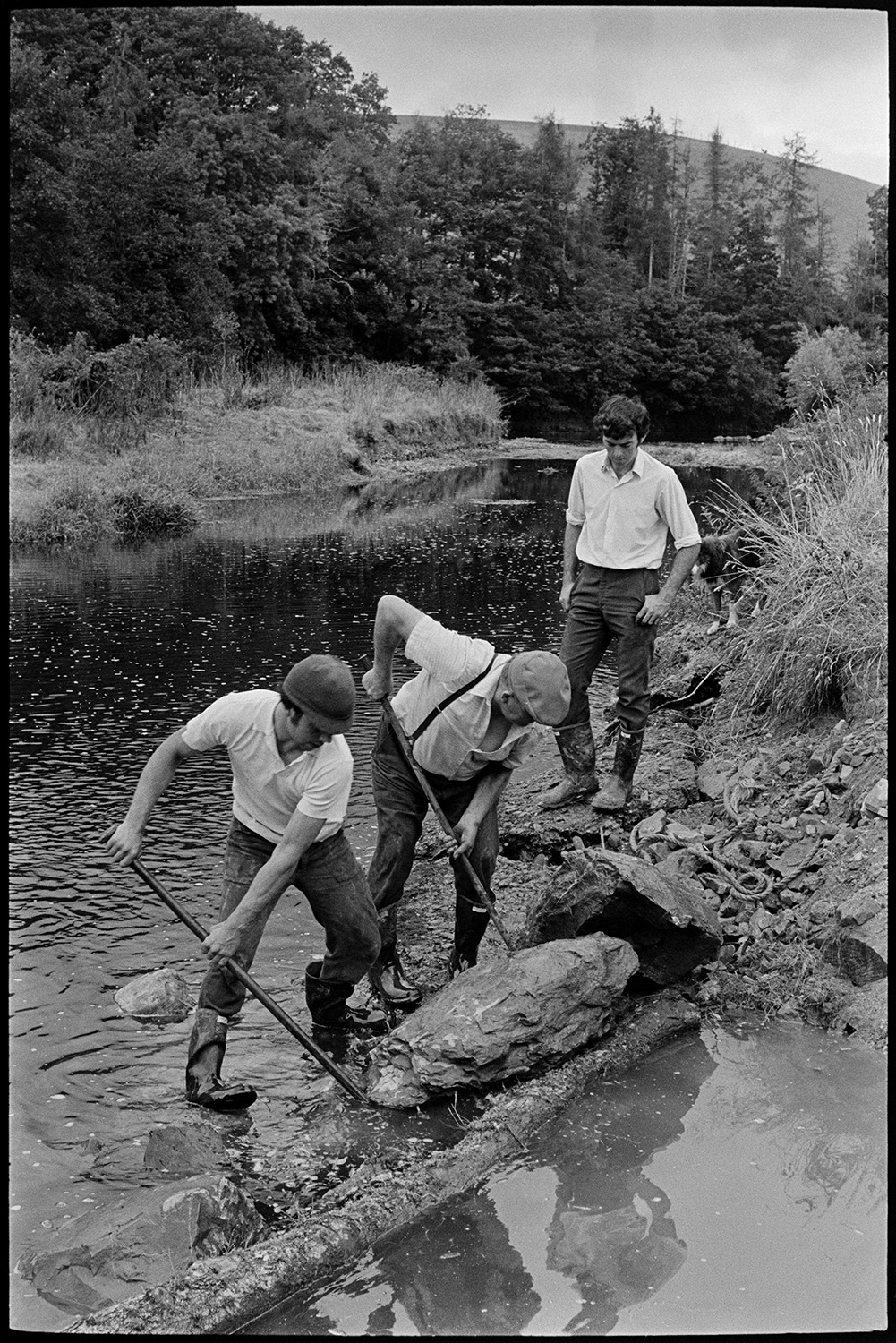 Farmers putting boulders to protect river bank. 
[John Ward and his two sons, Graham Ward and David Ward, moving boulders against a river bank with crow bars, to protect the bank from erosion, at Parsonage, Iddesleigh.]