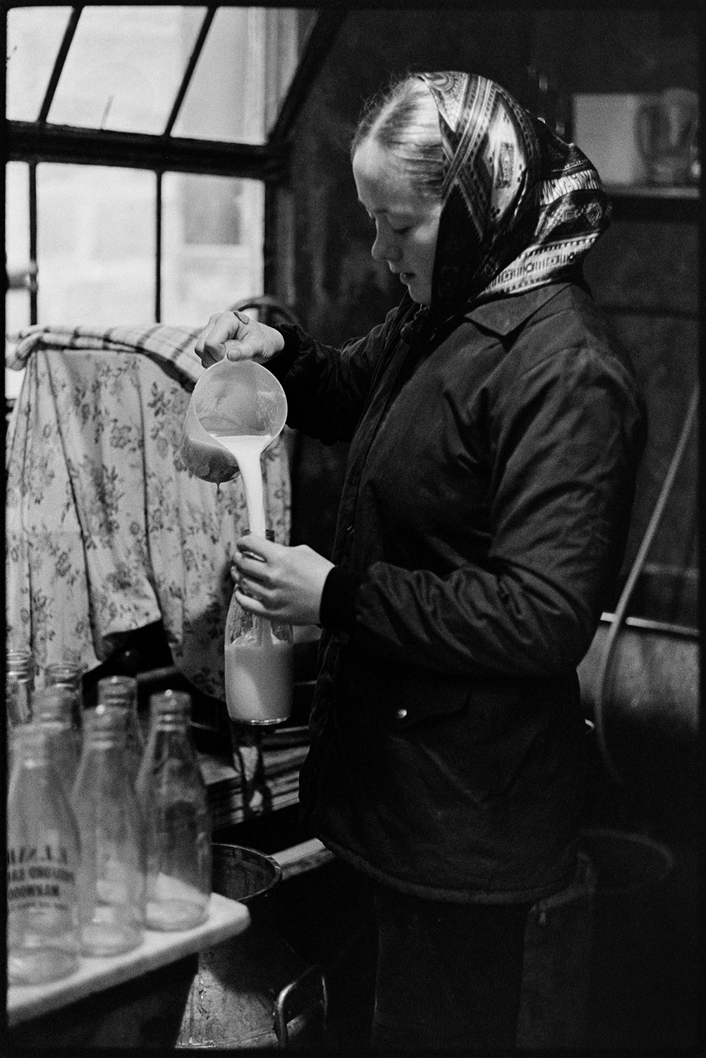 Woman filling milk bottles before doing milk round. 
[Susan Woolacott filling milk bottles with milk in the farmhouse at Verdun, Atherington, before delivering them on her milk round. She is wearing a head scarf.]