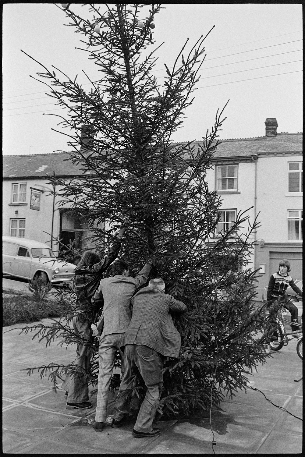 Putting up Christmas tree in town centre. 
[Three men putting up a Christmas tree in the town centre at Hatherleigh, opposite the Post Office. A boy on a bicycle is watching them.]