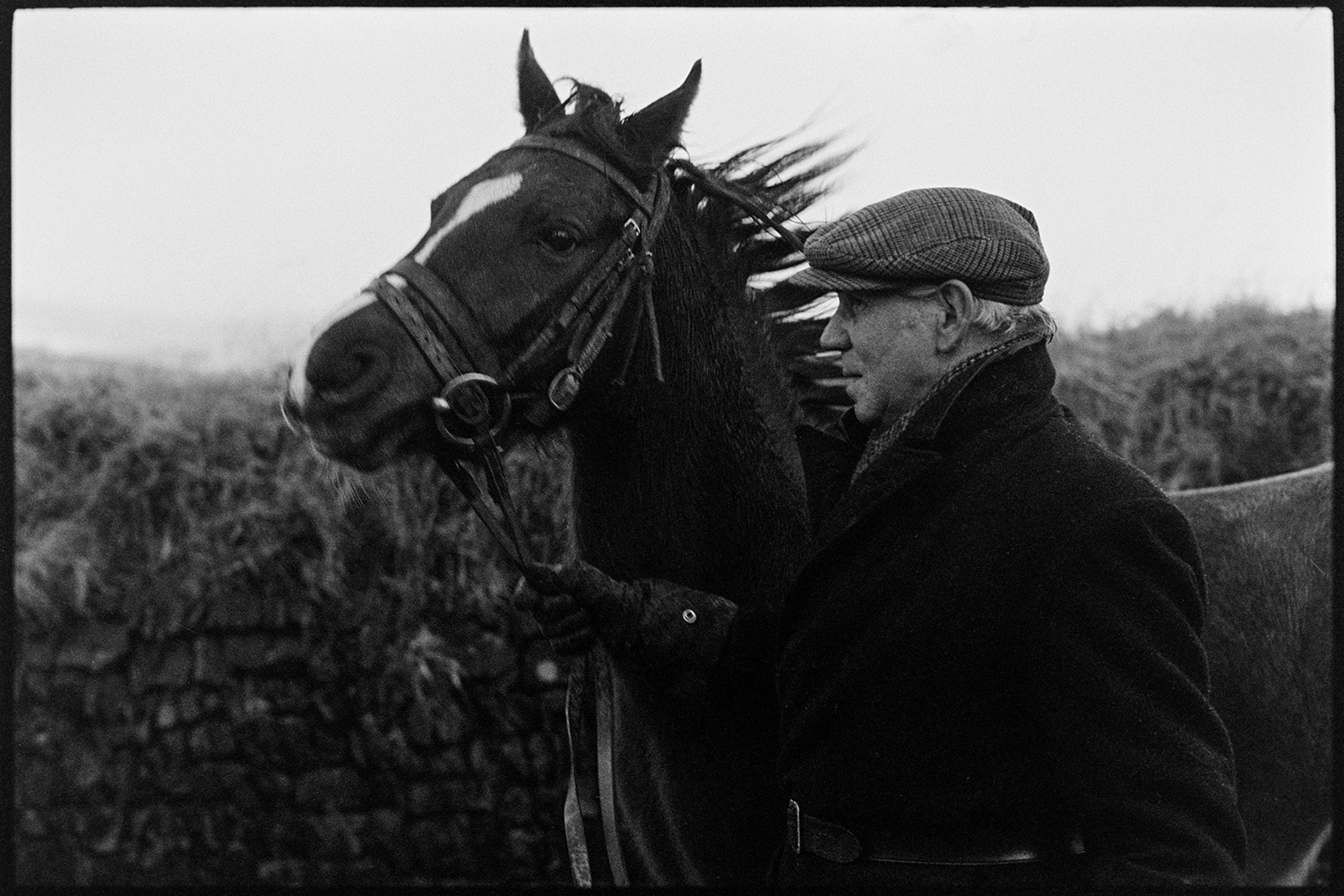 Man training young horse and getting it used to traffic. Going past shop.
[Henry Bright training a young horse in Beaford.]