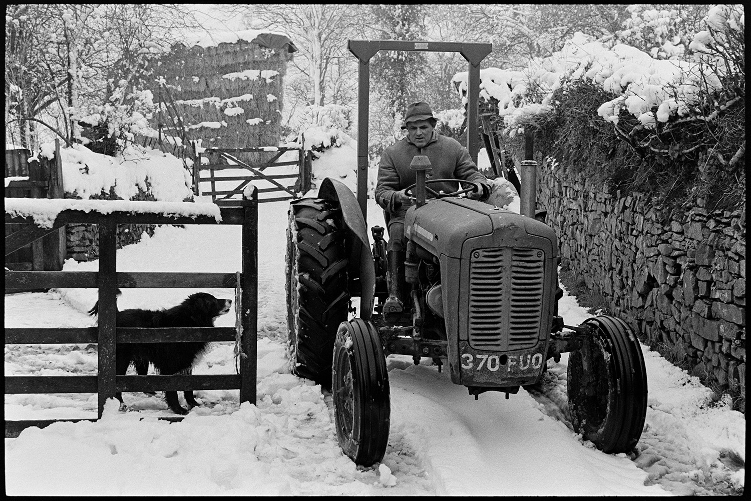 Snow, tractor in farm yard and farmer filling fuel tank with diesel. 
[Alf Pugsley driving a tractor through a snowy farmyard at Lower Langham, Dolton. A dog is watching him behind a gate and a stack of hay bales covered in snow are visible in the background.]
