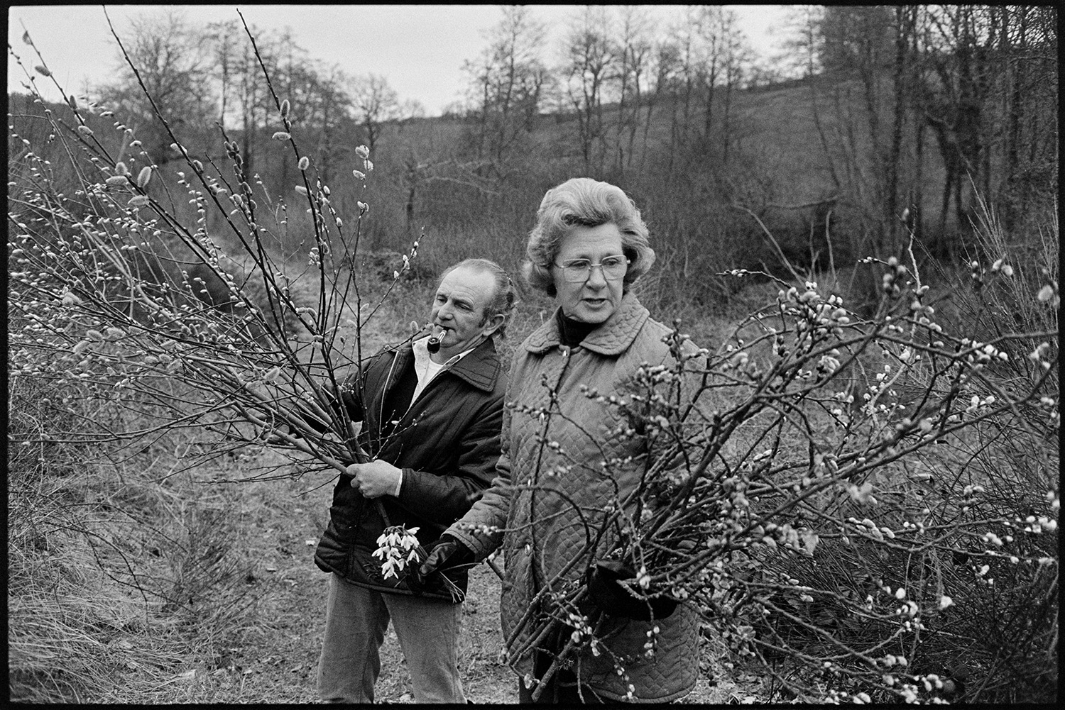 Couple collecting branches and Pussy Willow for Easter decorations in church. 
[Tom Nancekivell and Beatrice Nancekivell collecting branches of pussy willow from hedges at Combehouse, Dolton, for Easter decorations in the Church. Tom Nancekivell is smoking a pipe.]