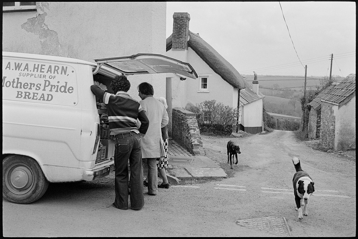 Baker selling from van, horse and children with pram. 
[A woman buying bread from an A W A Hearn baker's van in Roborough. Two dogs are also walking along the street.]