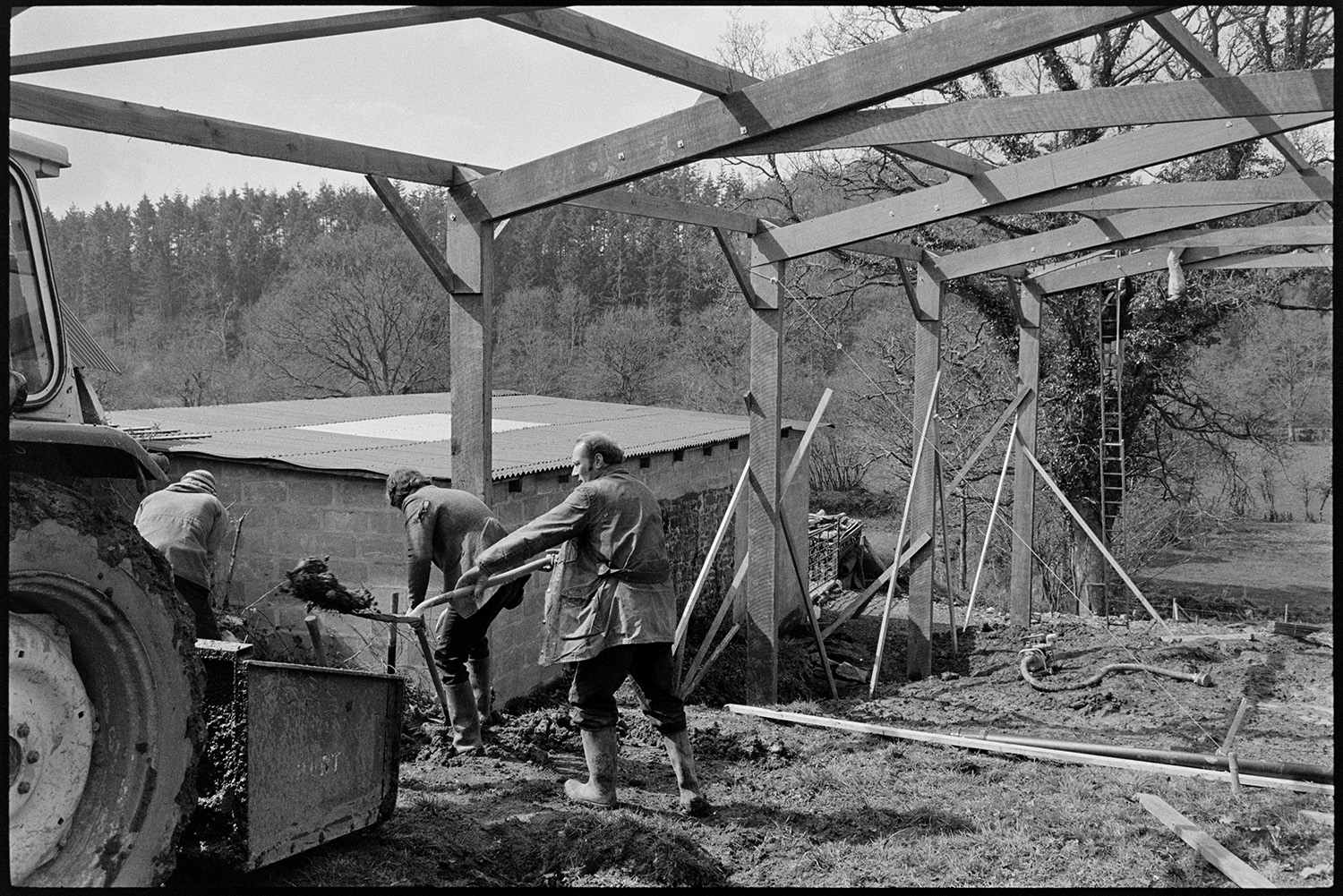 Men building metal and timber framed barn shed. 
[Men building a barn with a timber and metal frame near New Bridge, Dolton. One person is up a ladder working on the Frame while the other men are shovelling earth into a link box attached to a tractor. Another barn with a corrugated iron roof can be seen in the background.]