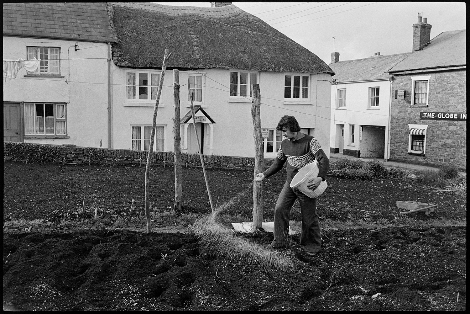 Man sowing seeds or fertilizer in garden. 
[A man sowing or broadcasting seeds or fertilizer, from a bucket by hand, in a garden at Tricks Terrace, Beaford. A thatched cottage and The Globe Inn can be seen in the background.]