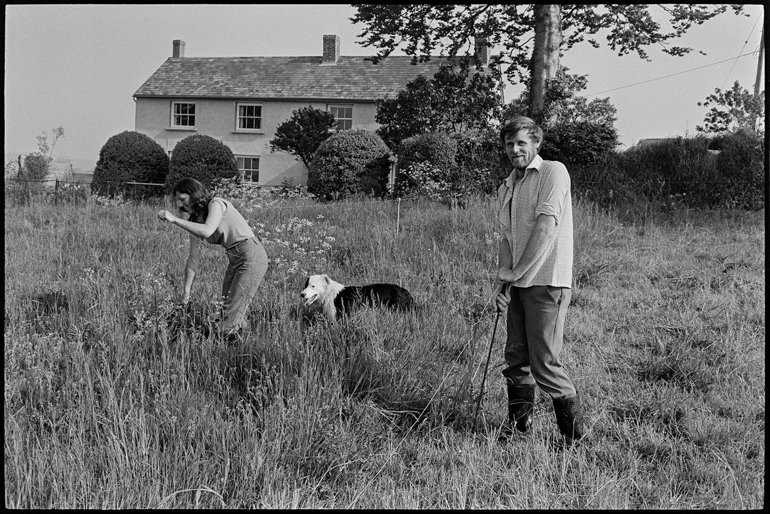 Farmer and wife checking fence and putting cows into field. 
[A man and woman checking an electric fence in a field at Sheepwash. They are accompanied by a dog and the farmhouse and trees and bushes are visible in the background.]