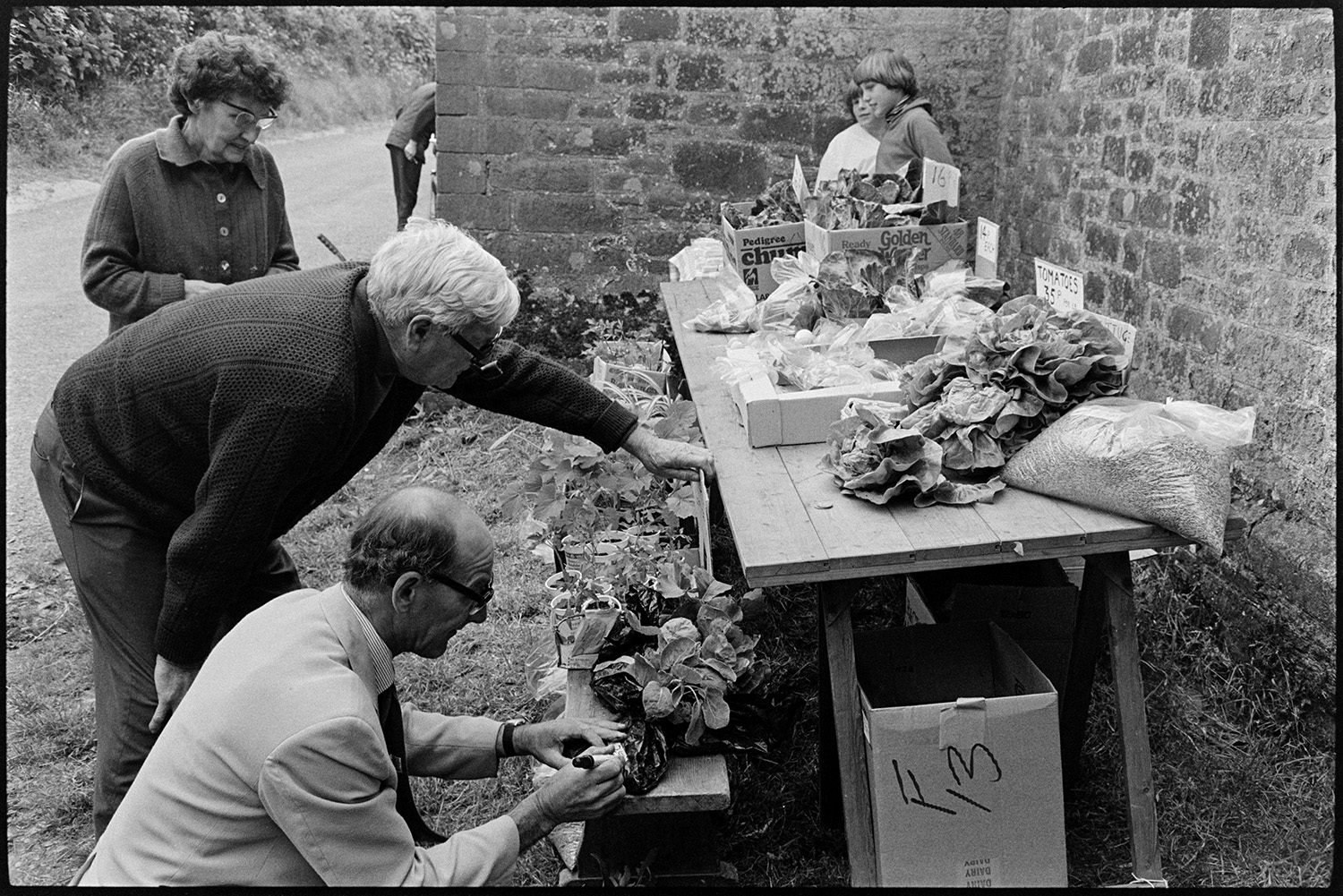 Produce stall at Flower Show. 
[Men and a woman looking a produce for sale on a stall at Marwood Flower Show. Plants, cabbages and tomatoes are all for sale. Two children are running a stall in the background.]
