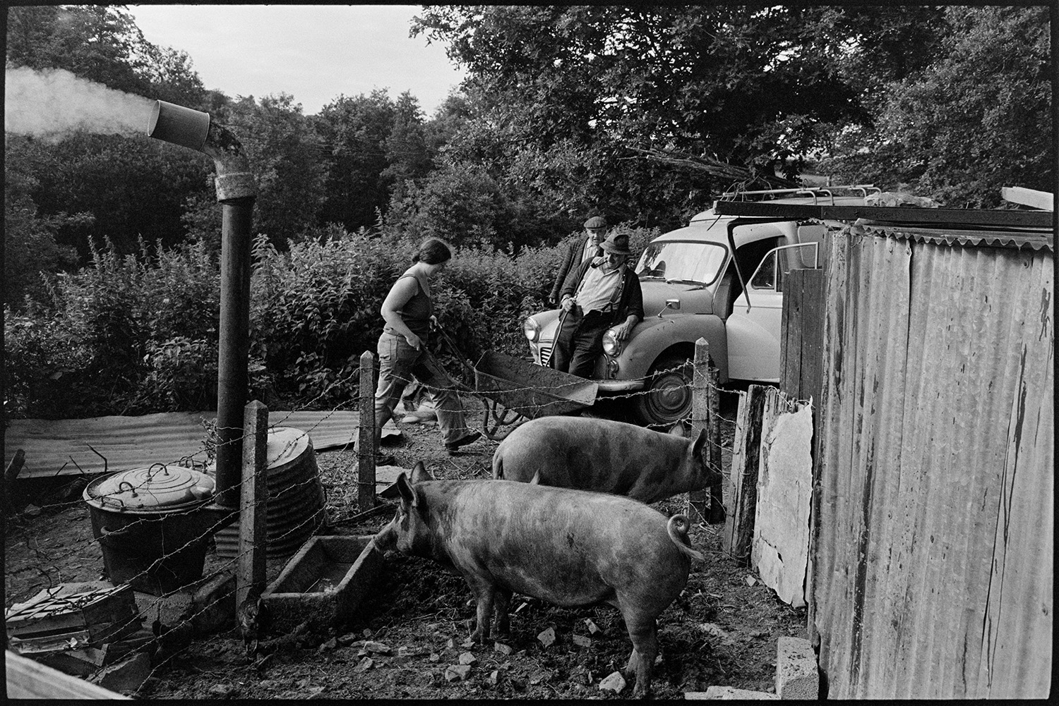 Pig sty and farmer with dogs. 
[Archie Parkhouse and another man leaning on a van parked by a pigsty at Millhams, Dolton. Archie is smoking a pipe. A woman is walking past pushing a wheelbarrow. Two pigs can be seen in the pigsty with a stone trough and a corrugated iron shed.]