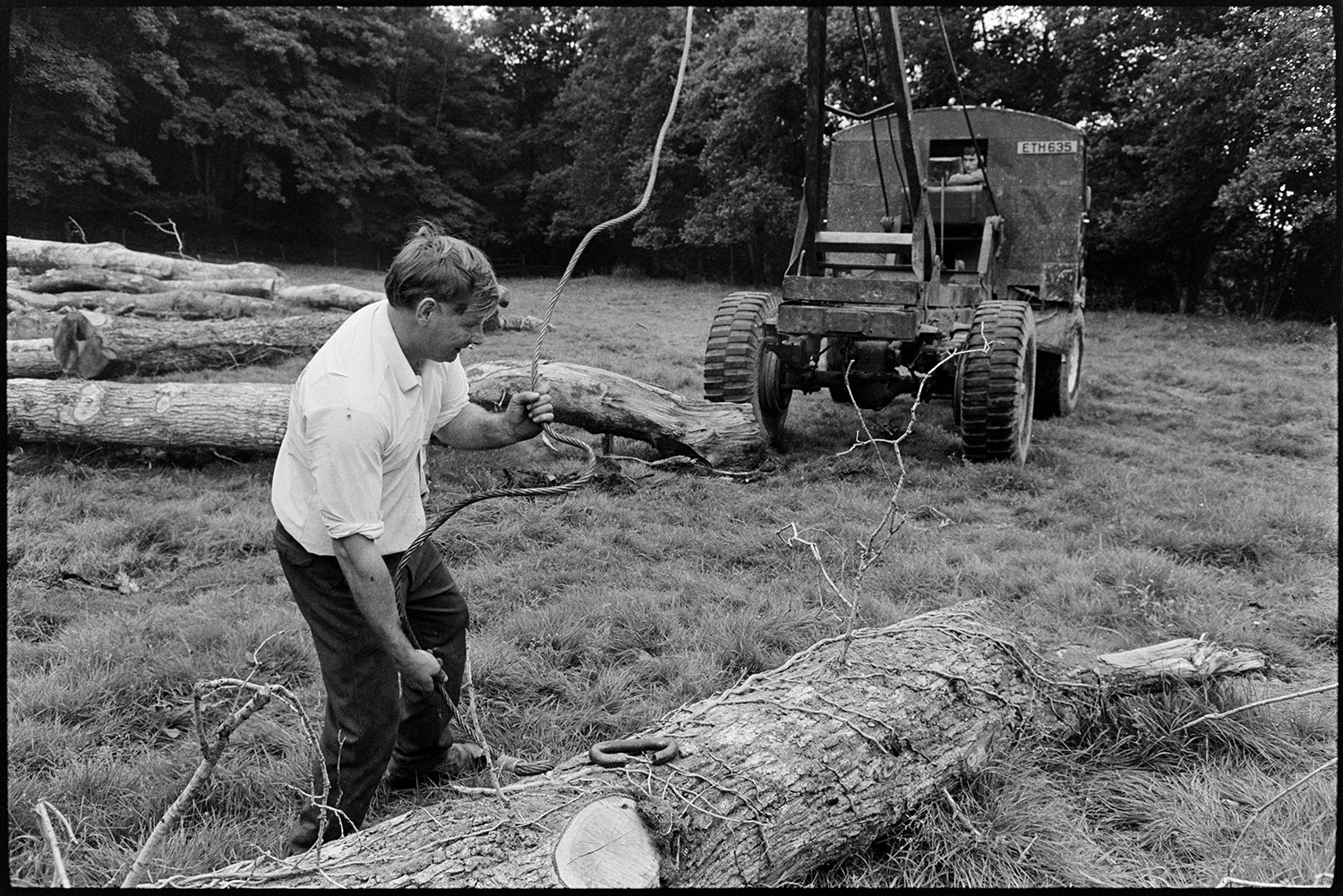Men sawing up felled timber and loading on to lorry using tractor and winch. 
[A man attaching a winch to a felled tree trunk in a field at Halsdon, Dolton, to load it onto a lorry. The winch is from Lethabys timber merchants.]