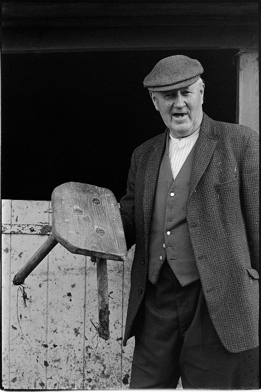 Farmer with milking stool and taking cows to pasture. 
[Mr Wescott stood outside a barn holding a milking stool, in the farmyard at Higher House, Atherington.]