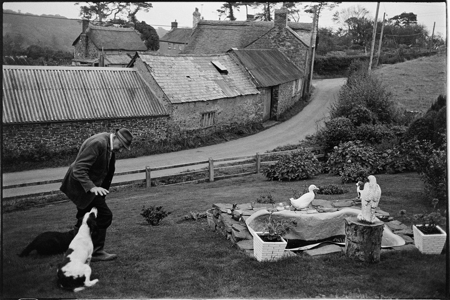 Ornamental garden with duck and dog, real dogs too! 
[Sidney Bryant in his garden in Merton with two dogs. A pond feature with garden ornaments and plants in pots can be seen in the garden. Farm buildings are also visible in the background.]