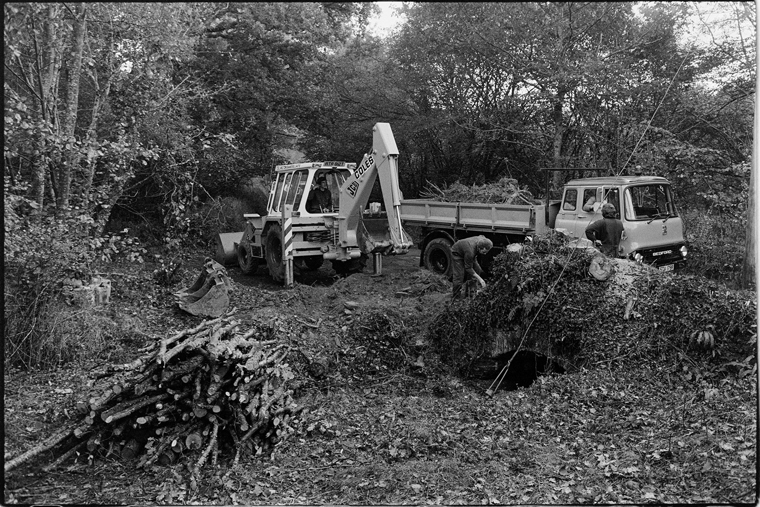 Men clearing round bridge before repairing it. 
[Men clearing foliage and trees, using a JCB digger and a lorry, near a bridge before repairing it at Addisford, Dolton. A woodpile can be seen in the foreground.]