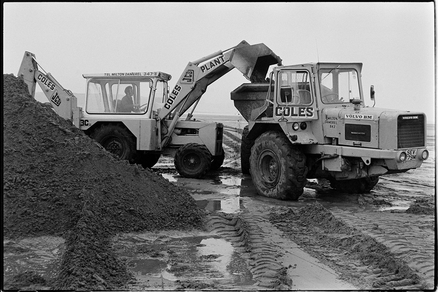Diggers and earth movers taking oil off polluted beach. 
[A JCB digger loading sand into a dumper truck at Westward Ho! Beach to remove oil from the beach.]