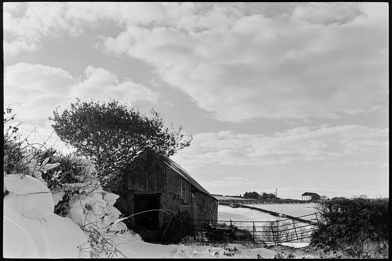 Snow, drift in road, men digging out gritting lorry and spreading from back, small barn in snow. 
[A small barn in a snow covered field at Langham, Dolton. A snowdrift against a hedge can be seen in the foreground. A Dutch barn is also visible on the horizon.]