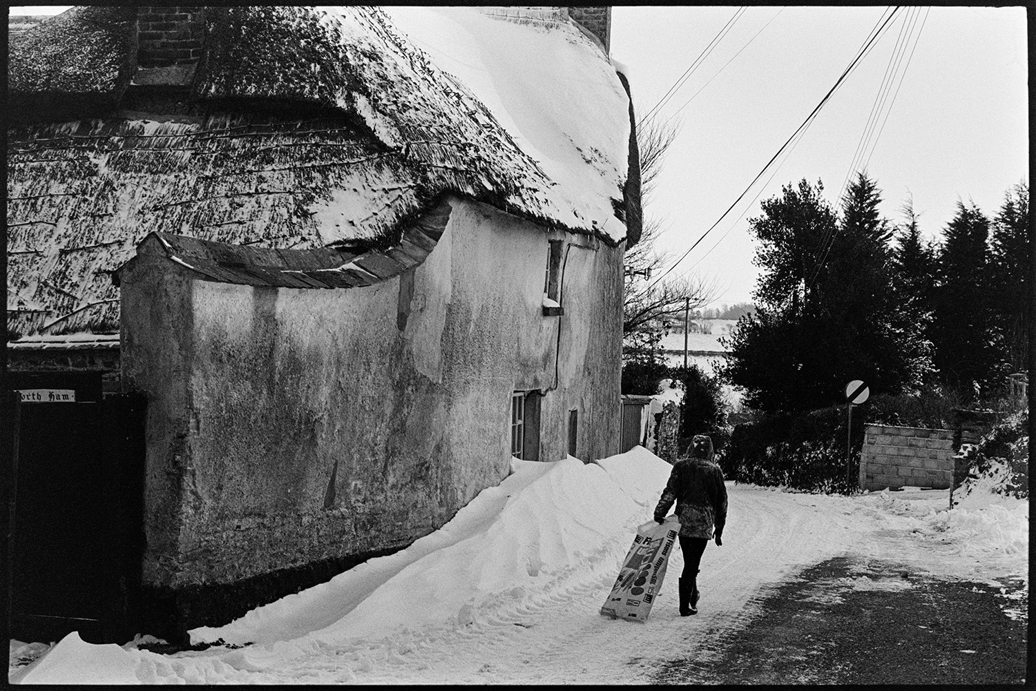 Snow, feeding cows and sheep, cows and calves. 
[A person dragging a sack of feed along a snow covered road outside North Ham cottage in Dolton. The thatch roof is covered with snow.]