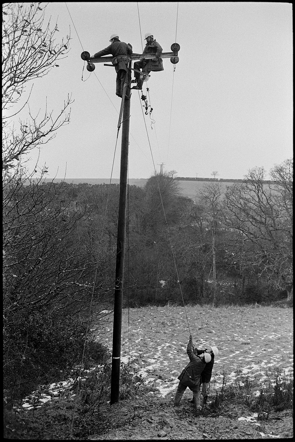 Electricity Board engineers putting up new power cables to village. 
[Men from SWEB putting up new electricity power cables in a field at Dolton. Two men are up the utility pole while two other men are holding a cable on the ground. Patches of snow can be seen in the field.]
